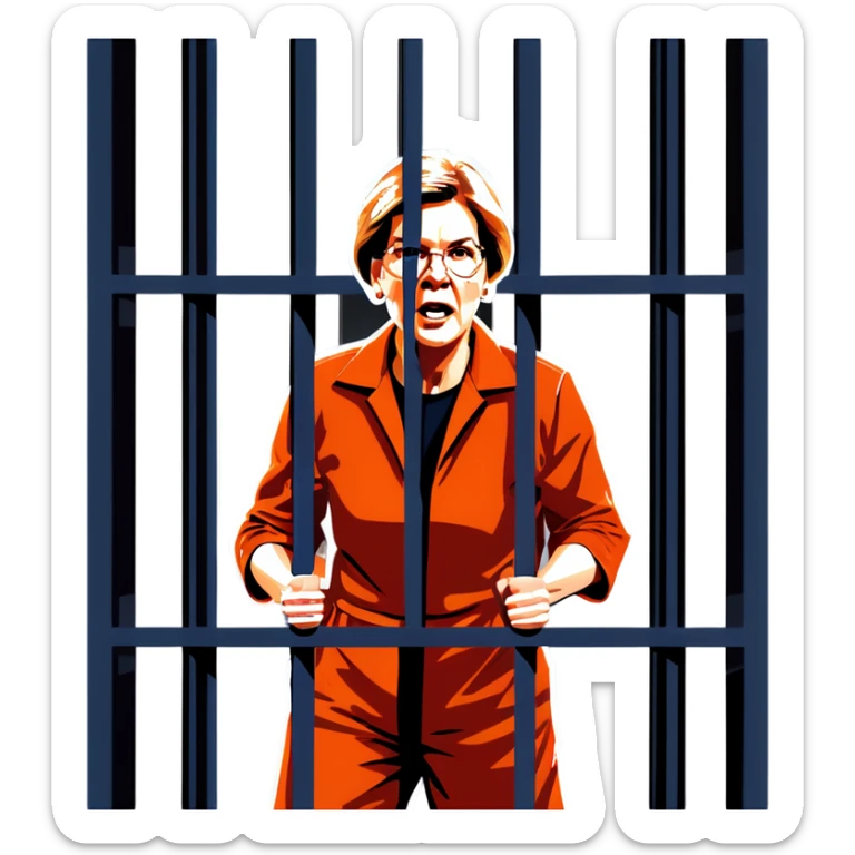 Make a picture of Senator Elizabeth Warren wearing an orange jumpsuit and behind bars make her look worried but only about herself sticker
