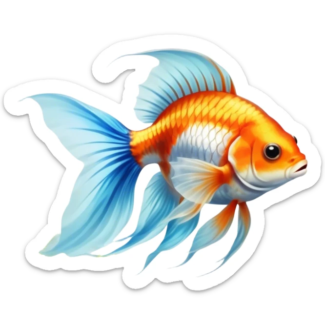 Large aquarium fish like veil tails and lionhead goldfish swimming gracefully in a beautifully decorated aquarium. Colorful aquatic plants, smooth rocks, and gentle bubbles surround the fish. The water shimmers in sunlight, creating a peaceful and vibrant underwater scene. Transparent background. sticker