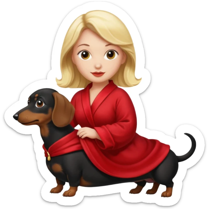 A blonde curvy woman riding on top of a black mini-dachshund wearing a red robe sticker