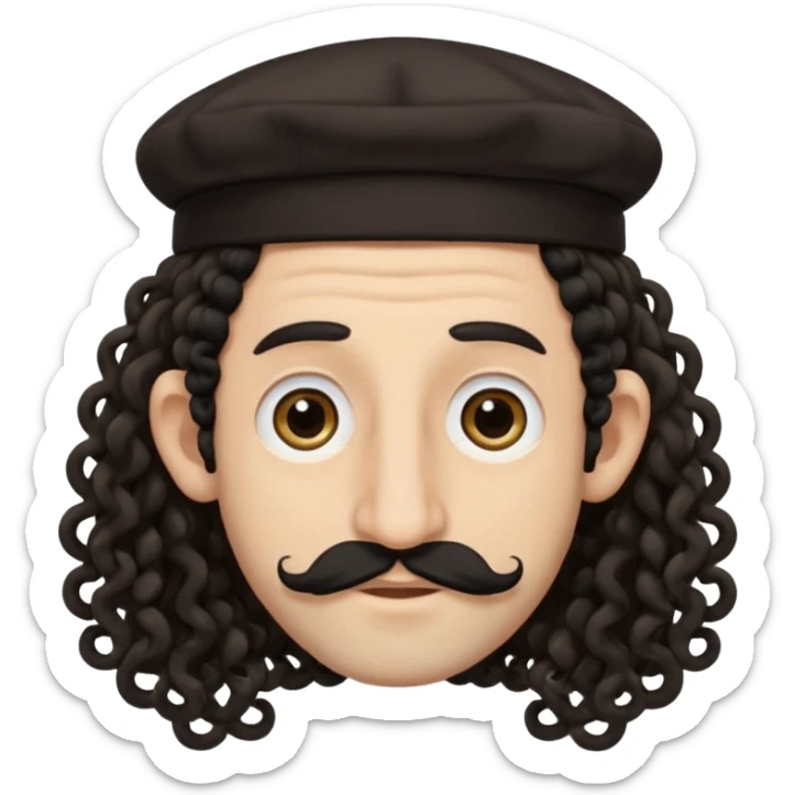 jewish jew man's face, wearing a tiny black kippah and 2 curly long hair strands near the ears, big nose, only face, no body, no mustache sticker