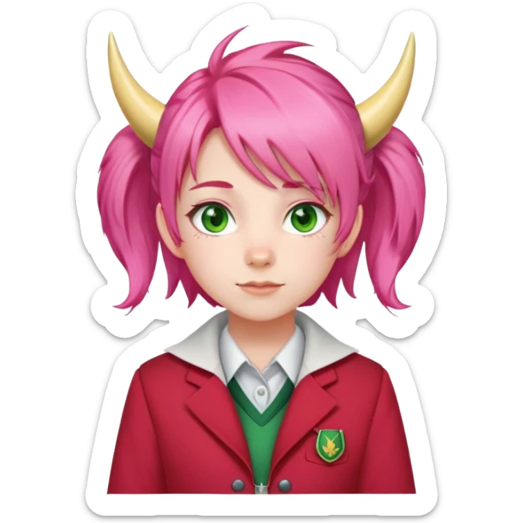 Anya Forger from Spy x Family, cute little girl with pink hair styled with two horn-like tufts, green eyes, cheerful expression, wearing Eden Academy school uniform with red jacket sticker