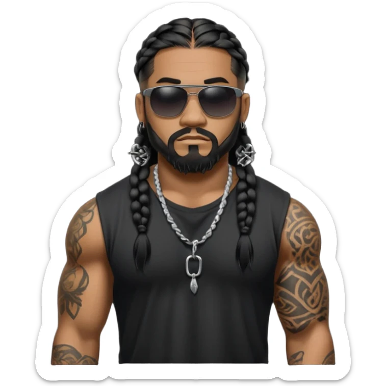 Samoan male. Chin beard 
Untucked loose fitting black t-shirt. 
long black braided hair.
very muscular.
Even More tattoos. 
Tough and menacing.
Dark black square sunglasses. sticker