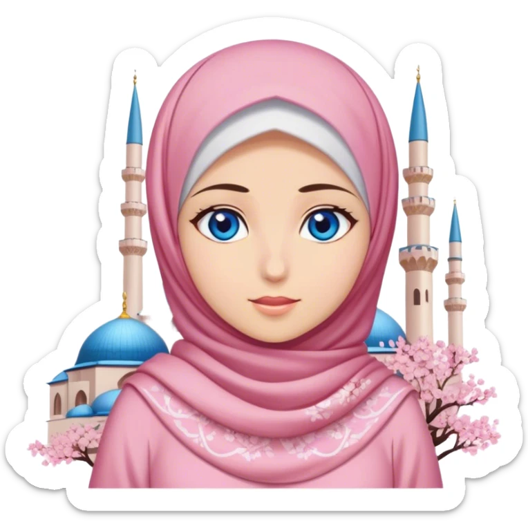 Turkish beautiful finish Konya girl blue eyes with hijab and cherry blossom dress on mosque sticker