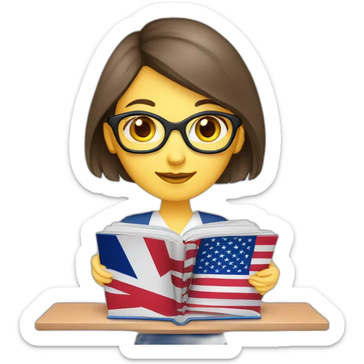English teacher female with English book with Ukrainian flag  and usa flags sticker
