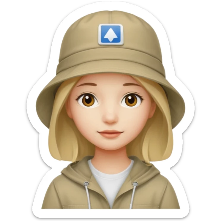 A girl with a khaki bucket hat on her head and a small detail in the form of a white rectangle with the inscription: "вйо до пригод" sticker