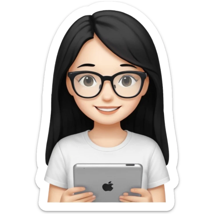 Long black hair girl in a white T-shirt and black square glasses smiling studying with an Ipad. sticker