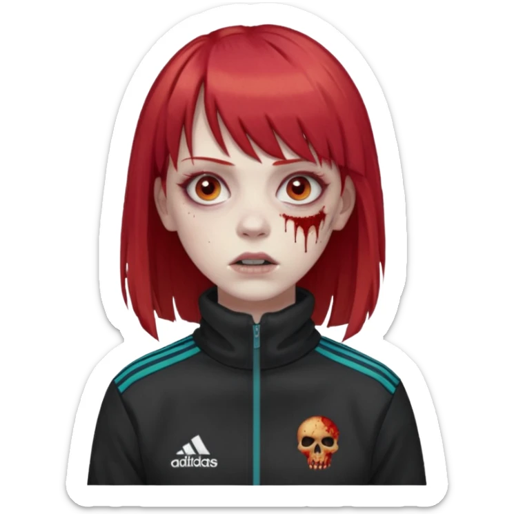 Crie um emoji de uma menina com o cabelo vermelho com uma franja reta zumbi casaco de gola alta da adidas sticker