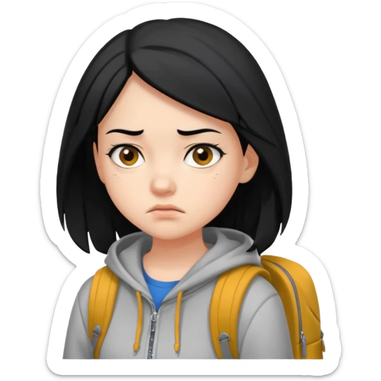 college student with annoyed face , black hair , with hoodie and backpack , girl sticker