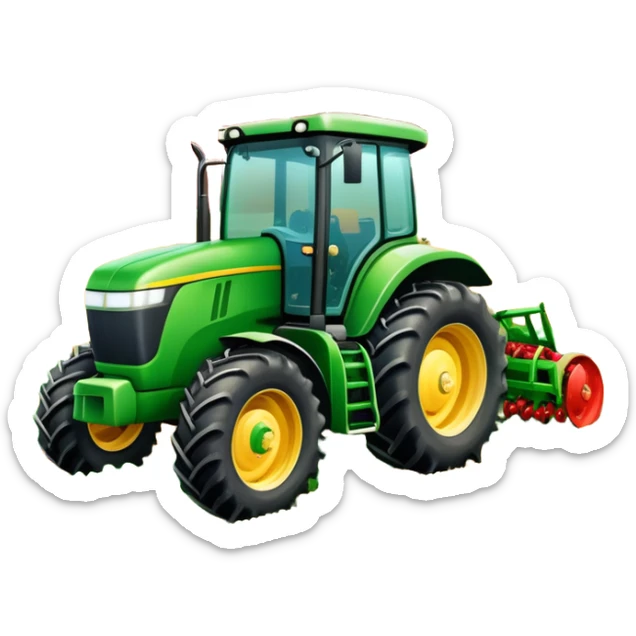 An icon featuring a large farming tractor in the middle of a lush field, with crops ready for harvest. The design includes farming tools, a barn in the distance, and a vibrant landscape, symbolizing the immersive world of agricultural simulation. Transparent background. sticker