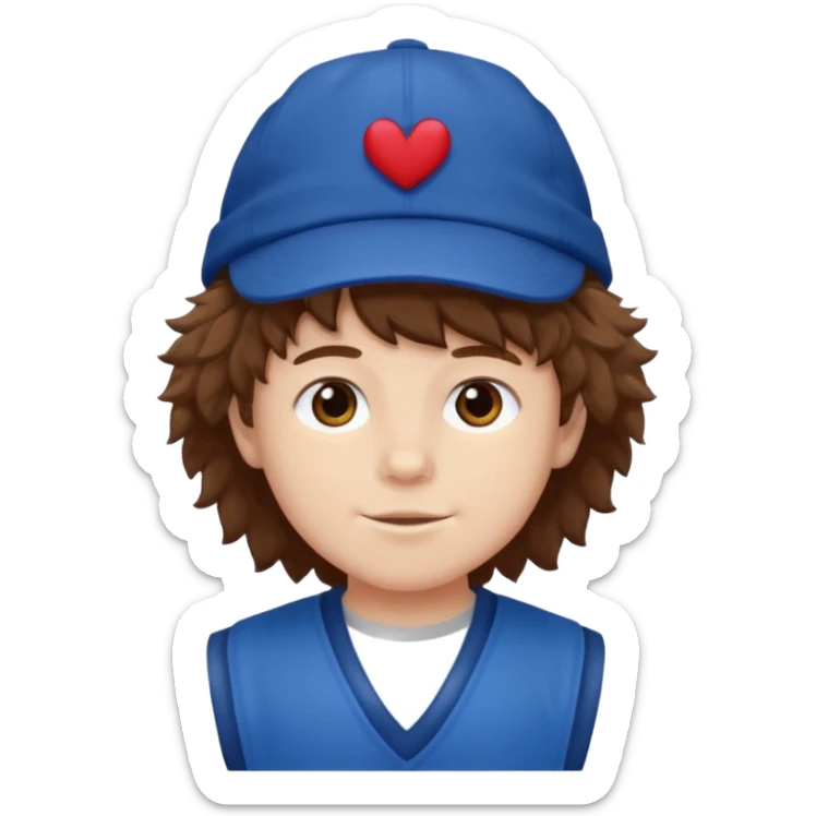 brown fluffy hair kid with blue and white hat dark blue jilet red t shirt sticker