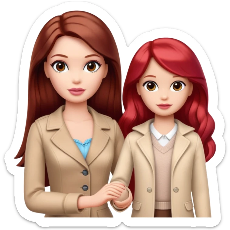 A barbie girl with makeup with dark brown hair long with a baby, a daughter, a girl with red hair, holding her hand in beige clothes sticker