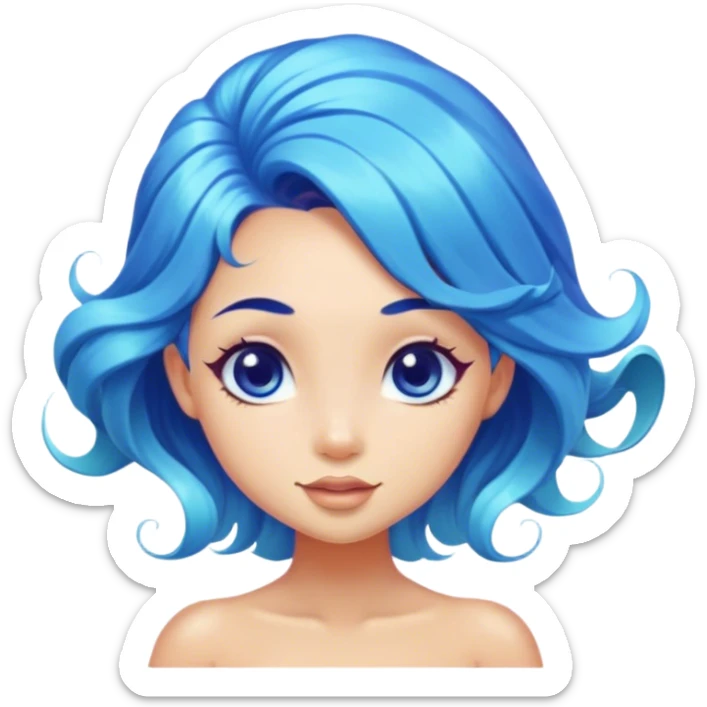 Cinematic Realistic Blue Hair Mermaid Portrait, head tilted playfully and inquisitively, showcasing a delicate, tropical form with finely detailed, flowing blue hair contrasting beautifully against her sun-kissed tanned skin. Her bright, curious eyes sparkle like sea gems under warm filtered light, rendered with lifelike clarity and soft underwater illumination—capturing the essence of a spirited mermaid poised to dance playfully amidst coral reefs. sticker