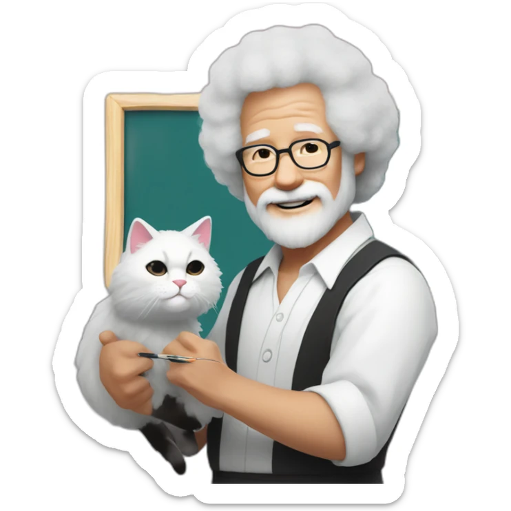 bob ross with white hair painting a cat with a japan themed colored fur sticker