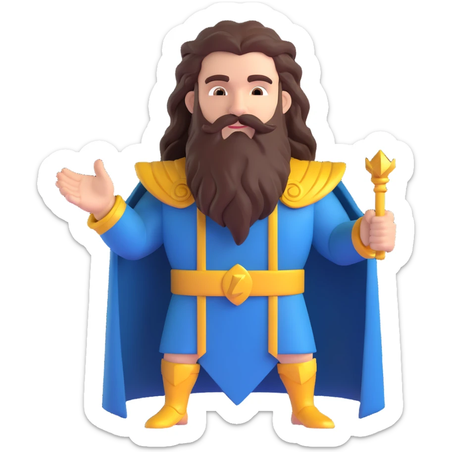 Zeus, the Greek god, with his beard, long curly hair, and regal attire, holding a lightning bolt sticker