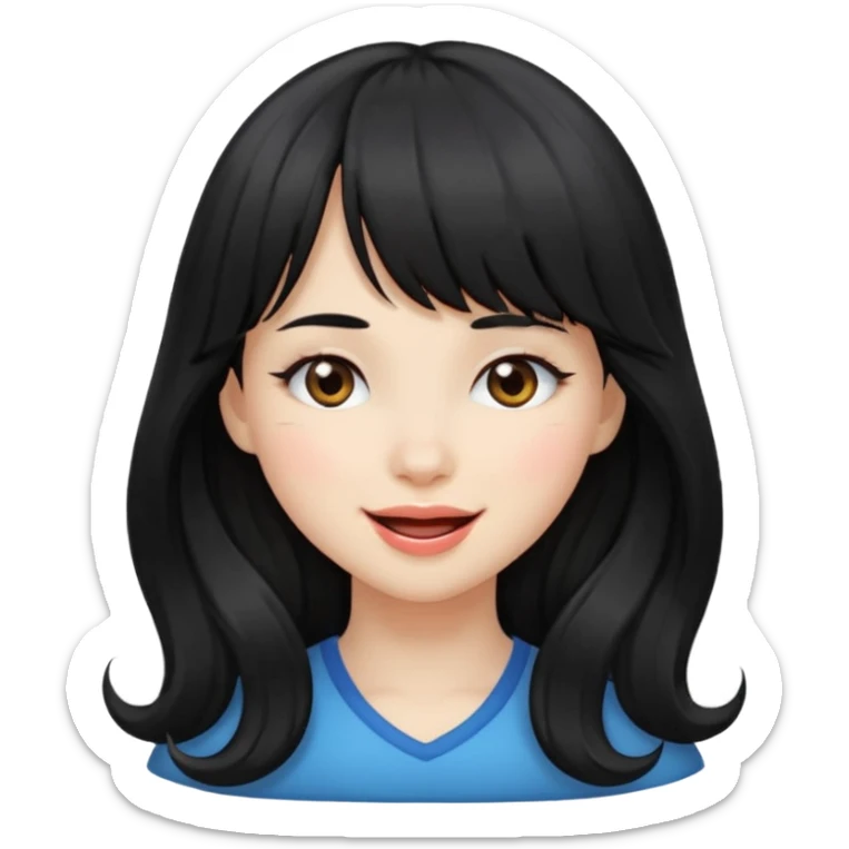 girl with long wavy black hair, straight bangs, white skin, winking sticker