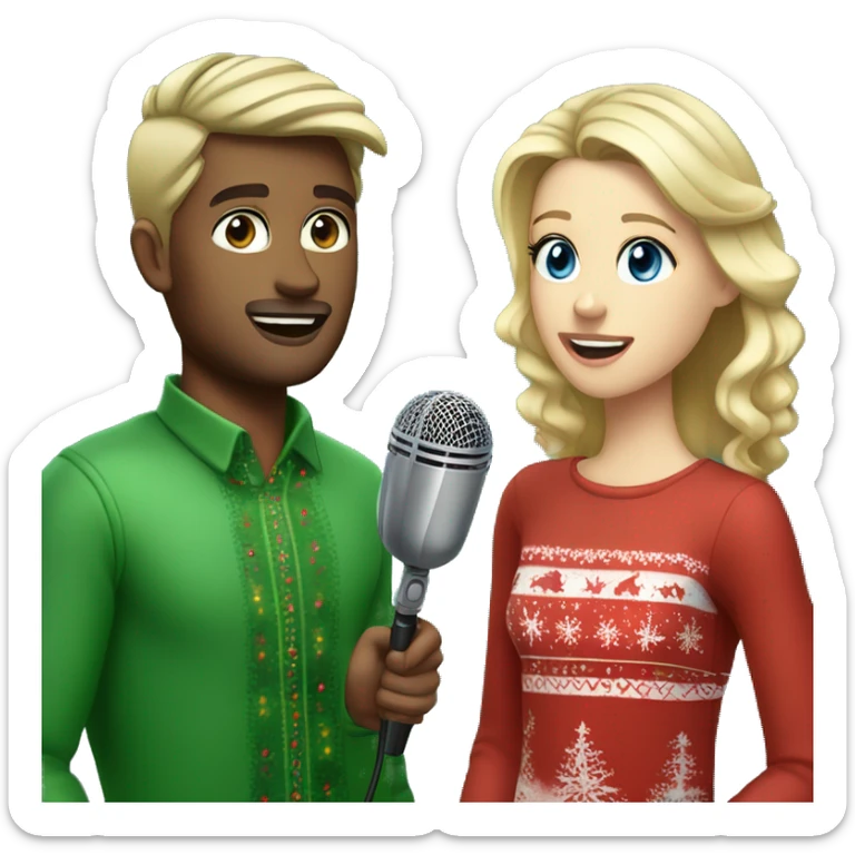 Brown-haired, blue-eyed male wearing  Christmas clothes with blonde-haired, green-eyed female wearing Christmas clothes, whilst talking into a microphone for a podcast sticker