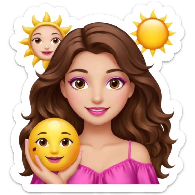 girl with long wavy brown hair, brown eyes, long lashes makeup, sexy pink lips, smiling, light to medium complexion, wearing a pink sexy silk top, holding a big sun sticker