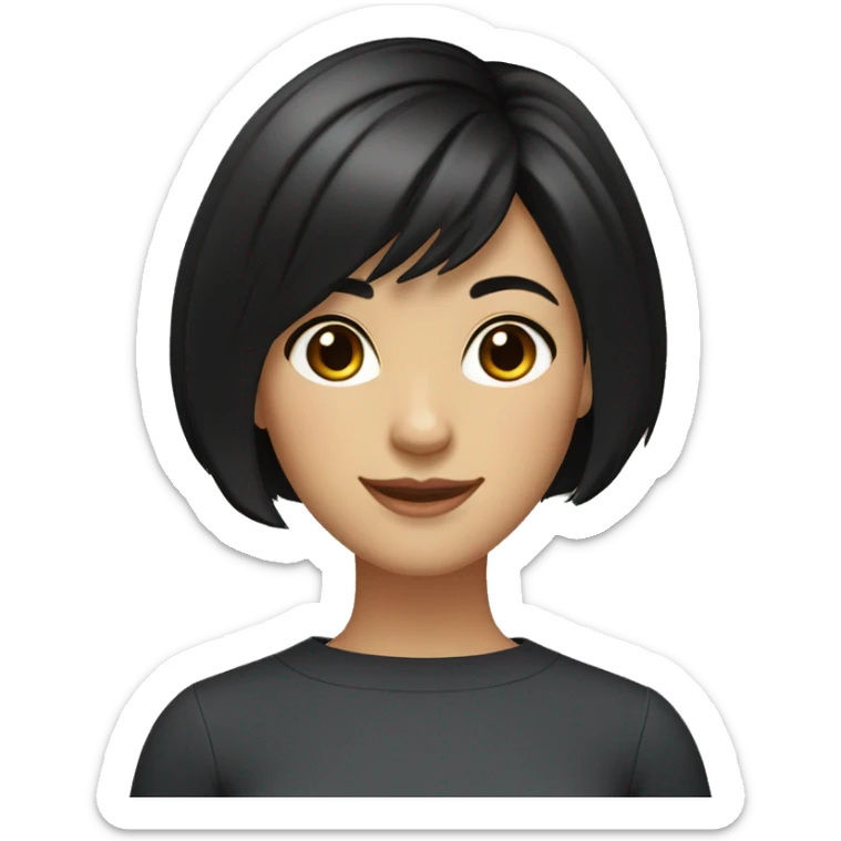 A girl with short, jet-black hair styled in a bob. Fair skin. Dark brown eyes. Smiling naturally. sticker