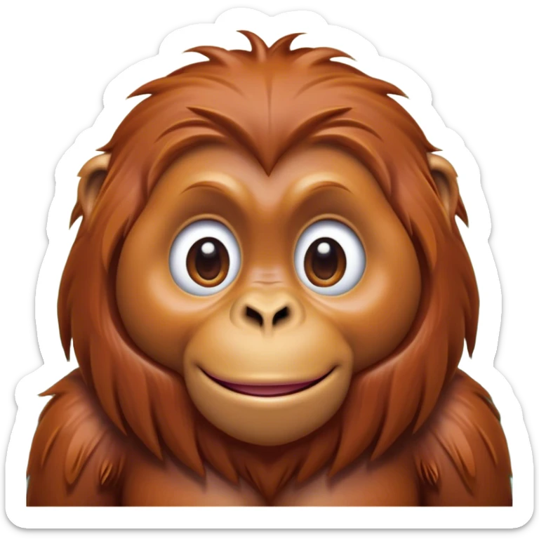 Cinematic Cute Orangutan Portrait Emoji, Head tilted playfully and inquisitively, with a gentle, expressive face accented by soft, flowing fur and round, sparkling eyes brimming with warmth, Simplified yet irresistibly adorable features, highly detailed, glowing with a warm, friendly glow, high shine, affectionate and lively, stylized with a touch of jungle whimsy, bright and endearing, soft glowing outline, capturing the essence of a mischievous yet loving orangutan that seems as if it could swing out of the screen into your arms! sticker