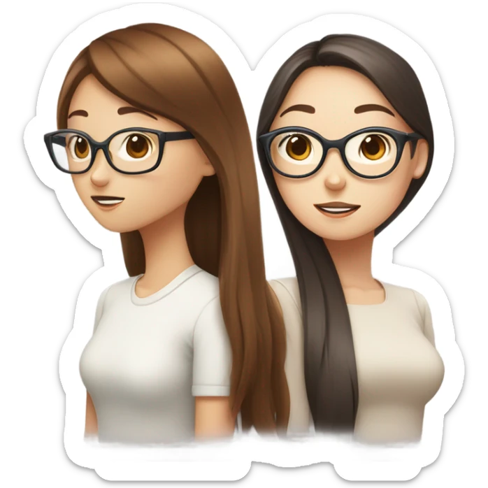 One white girl with straight reddish brown hair gossiping with a korean girl with long straight girl and circle frame glasses sticker