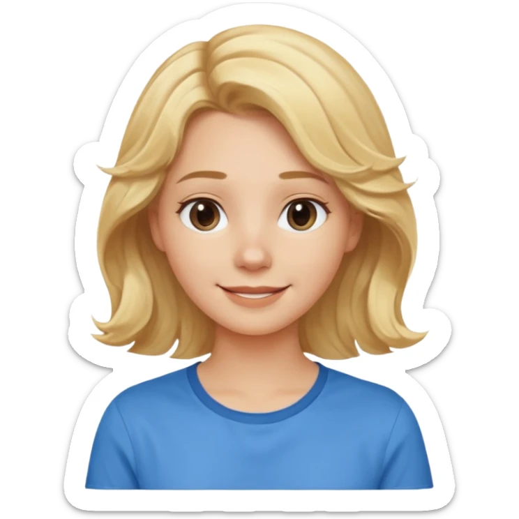 Happy blond girl with light weavy hair with a blue shirt but we can see only her face and neck and the top of the t shirt, no whole body sticker