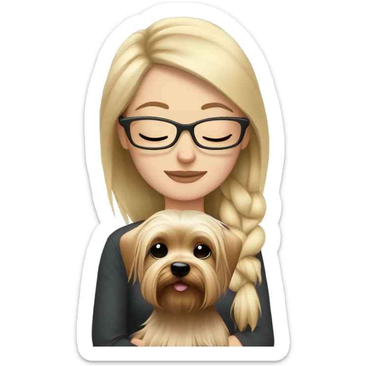 White girl, blonde hair, eyes closed, wearing glasses hugs Yorkshire terrier  sticker