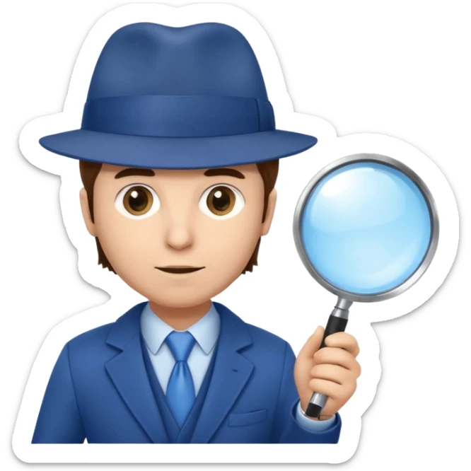detective in blue suit and blue hat brown hair white skin with big mangifier in his hand looking trough the magifier sticker
