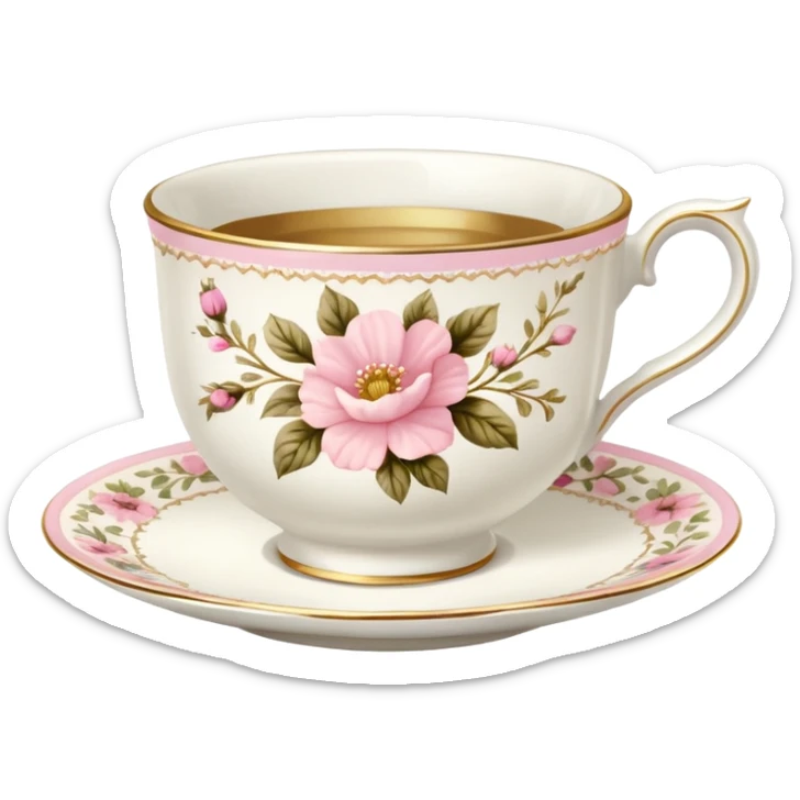 White teacup with baby pink floral antique print with gold accents  sticker
