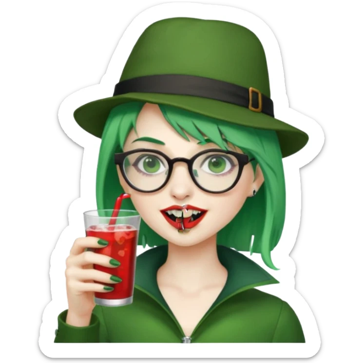 vampire green hair Drink holders with hat, wearing glasses, female,,teeth looks like vampire sticker
