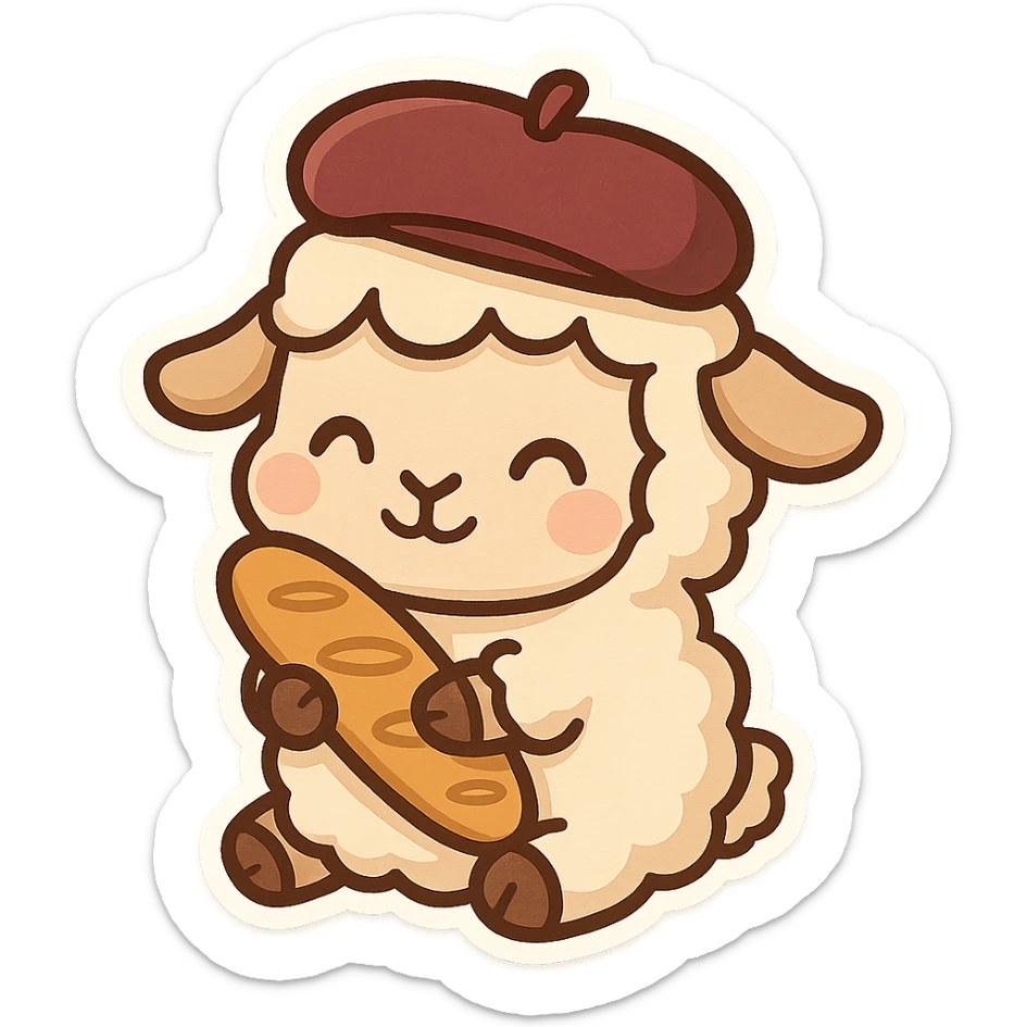 cartoon sheep with a beret and baguette, evoking French charm, chibi stickers style sticker