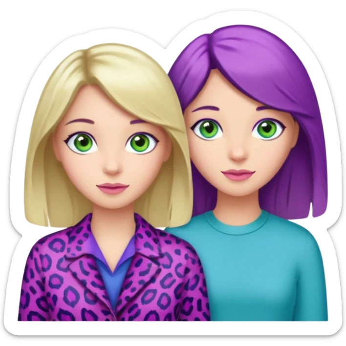 I want a brunette girl who really likes pink and leopard print, another blonde with blue eyes who likes blue, and another with light brown hair, green eyes, and purple and green colors. All together.   sticker