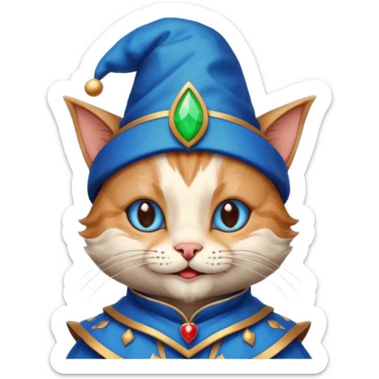 crazy colorful cute little cat jolly joker from poker, medieval, vintage, court jester, mac os icon, blue color, poker cards, mage sticker