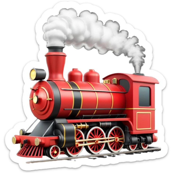 A 3D cartoon classic steam locomotive with a chimney releasing smoke, red and black body, bright sky background, Memoji-style rendering. sticker
