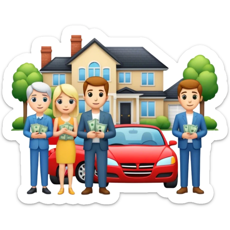 4 people with new houses, cars & alot of money sticker