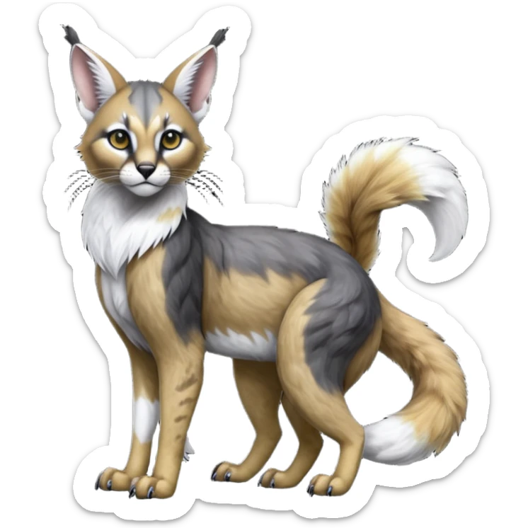 Colorful dark black gloomy spooky pointy foggy smoky points-marked white glorious hyper-realistic exotic cute cool beautiful beautiful fantasy-caracal-civet-genet-sergal-vernid-Gryphon-Cacomistle-Trico-oncilla-animal-Fakémon-hybrid-fursona (full body) sticker