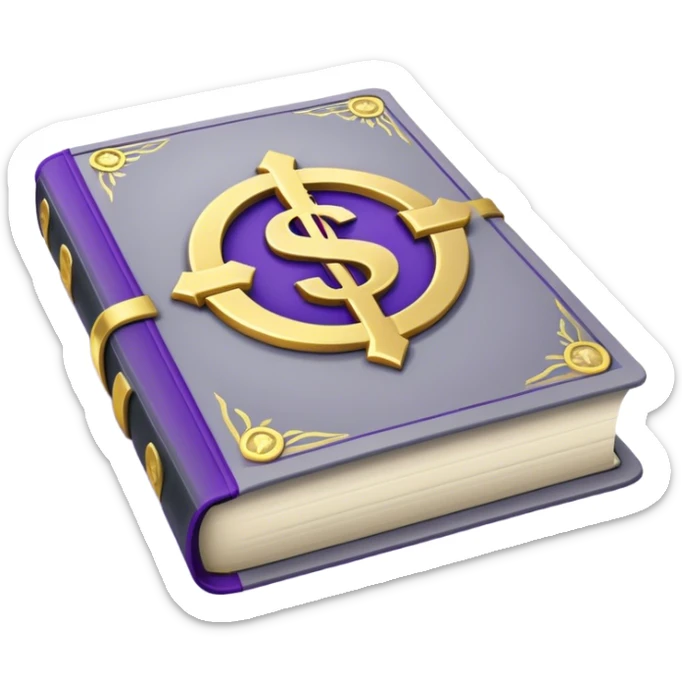 A gray book with royal purple details, gold lettering, and andollar sign, or split path on the cover, radiating financial wisdom, strategic wealth-building, and mindset transformation. sticker