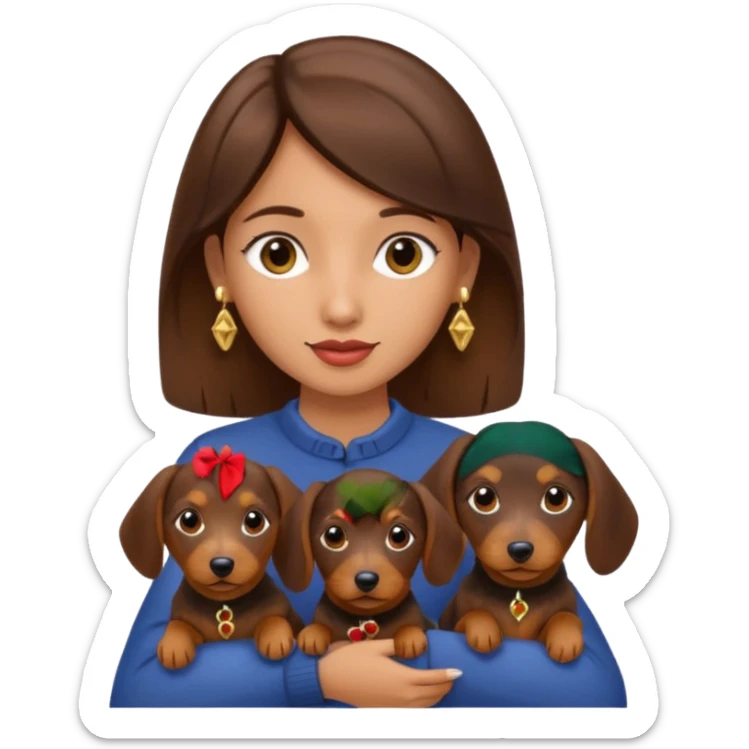 A brunette girl with gold earrings holding 3 small wirehaired dachshunds  sticker