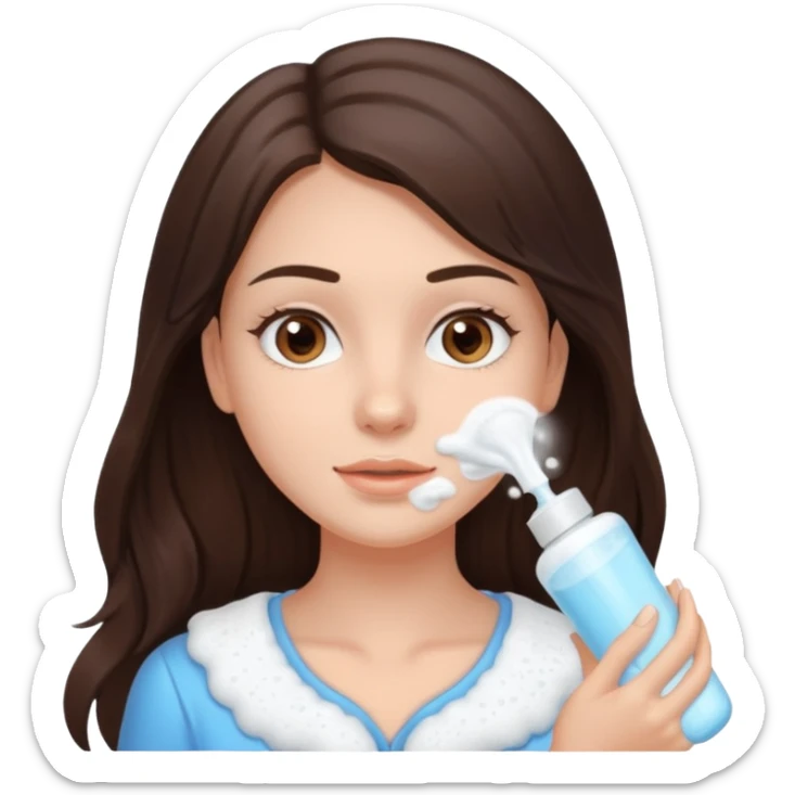 brunette girl with beautiful brown eyes and long hair, using facial cleanser sticker