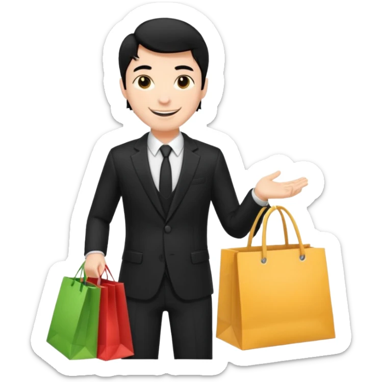 elegant man black hair in a black suit with clothing shopping bag sticker