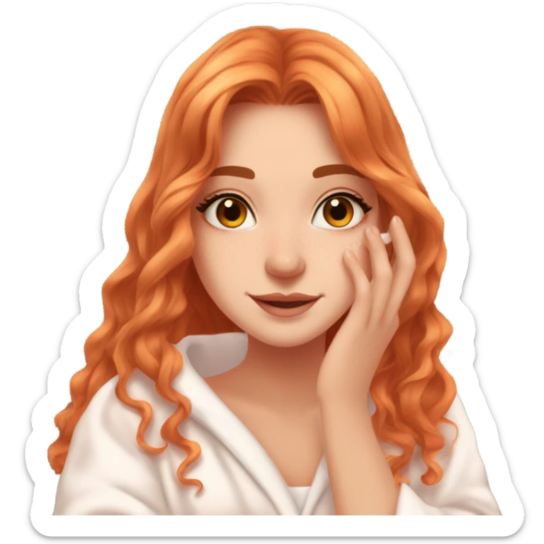 Girl putting cream on face bathroom Long wavy red orange hair orange brown eyes beautiful face thick eyelashes pink lips gorgeous skinny fair skin white aesthetic tall girl doing skincare cozy robe sticker