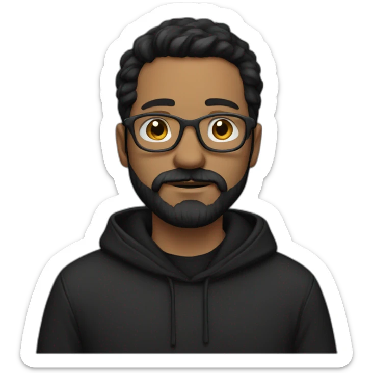 White man dark straight hair, moustache and beard, wearing a black hoodie, glasses sticker