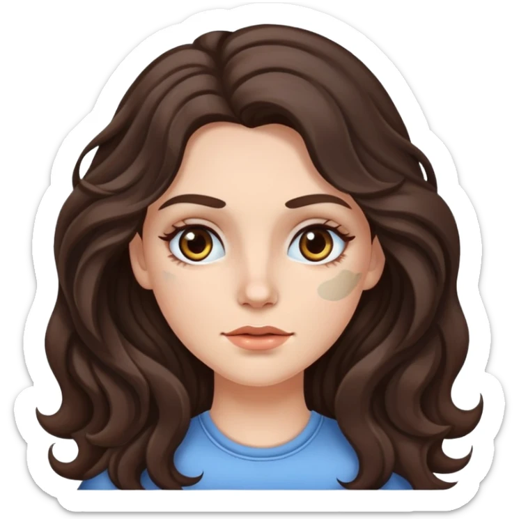 A white girl with long dark brown wavy hair and cosmetic patches under her eyes sticker