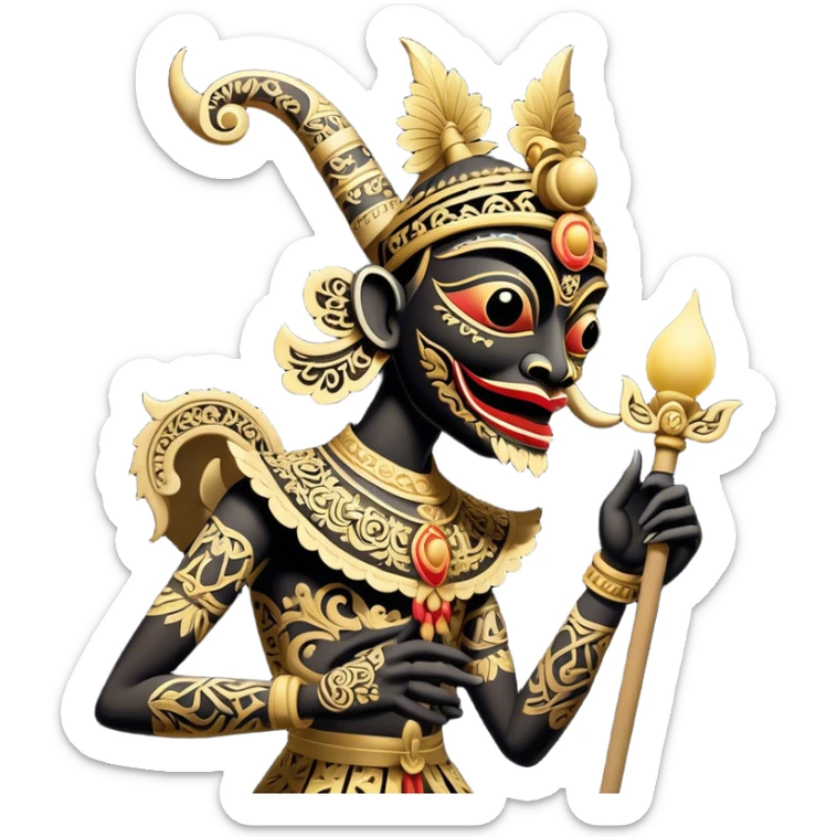 Wayang – Cinematic Realistic Wayang, depicted as intricately carved traditional Indonesian shadow puppets with expressive features and vibrant cultural motifs, set against a dark, dramatic backdrop with subtle glowing highlights that evoke the mystical art of shadow play. sticker