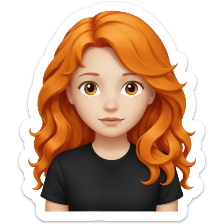 Girl with long orange wavy hair and black t-shirt sticker