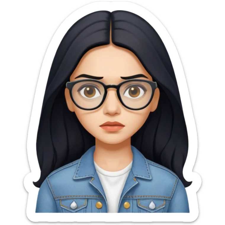 generate a pretty bratz emoji 
Make her wear a white dress with a denim jacket over it.long  black hair in a side part 

She should look exactly  like Deepika padukone! wearing tiny rectangular spectacle, looking sad sticker