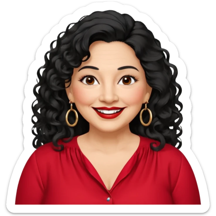 60 yr old Mexican woman, slightly chubby, wavy/curly long black hair, red lipstick, big smile, white teeth, brown eyes, hoop earings, side part to hair, round face, nice blouse, no wrinkle hair side swept, big hoop earing sticker