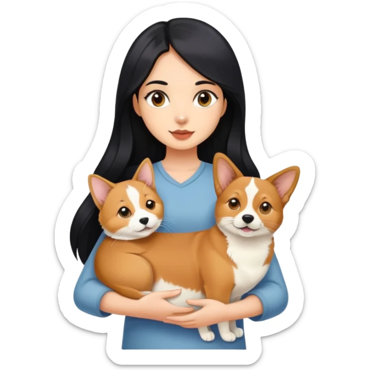 The girl with long black hair holding a corgi and a Abyssinian cat sticker