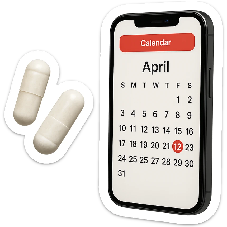 DUE BOCCETTE DI INTEGRATORI BIANCHE FLUTTUANO IN ARIA INSIEME AD UN CALENDARIO IN STILE EMOJI IPHONE, IPERREALISTICA 4K sticker