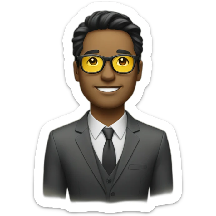 entreprenuer with yellow tinted glasses and black hair sticker