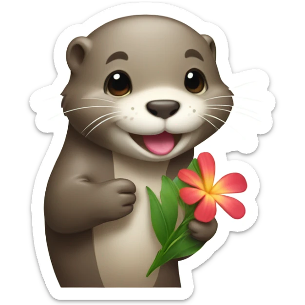 A happy and cute otter face with a Hawaiian flower-shaped pin, holding a heart in its hand. sticker